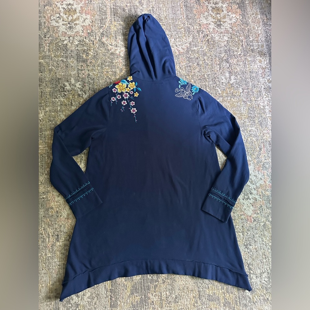Johnny Was Floral Embroidered Zip Up Hooded Sweatshirt Jacket Relaxed Fit Navy - Picture 5 of 6